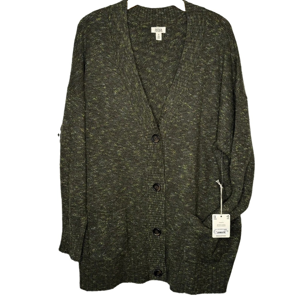 a.n.a ANew Approach Cardigan Sweater 1X Oregano Marl Green NWT Sustainable Cozy